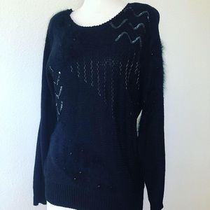 Vintage black angora sweater 80s glam beaded embellished 1980s new wave disco L
